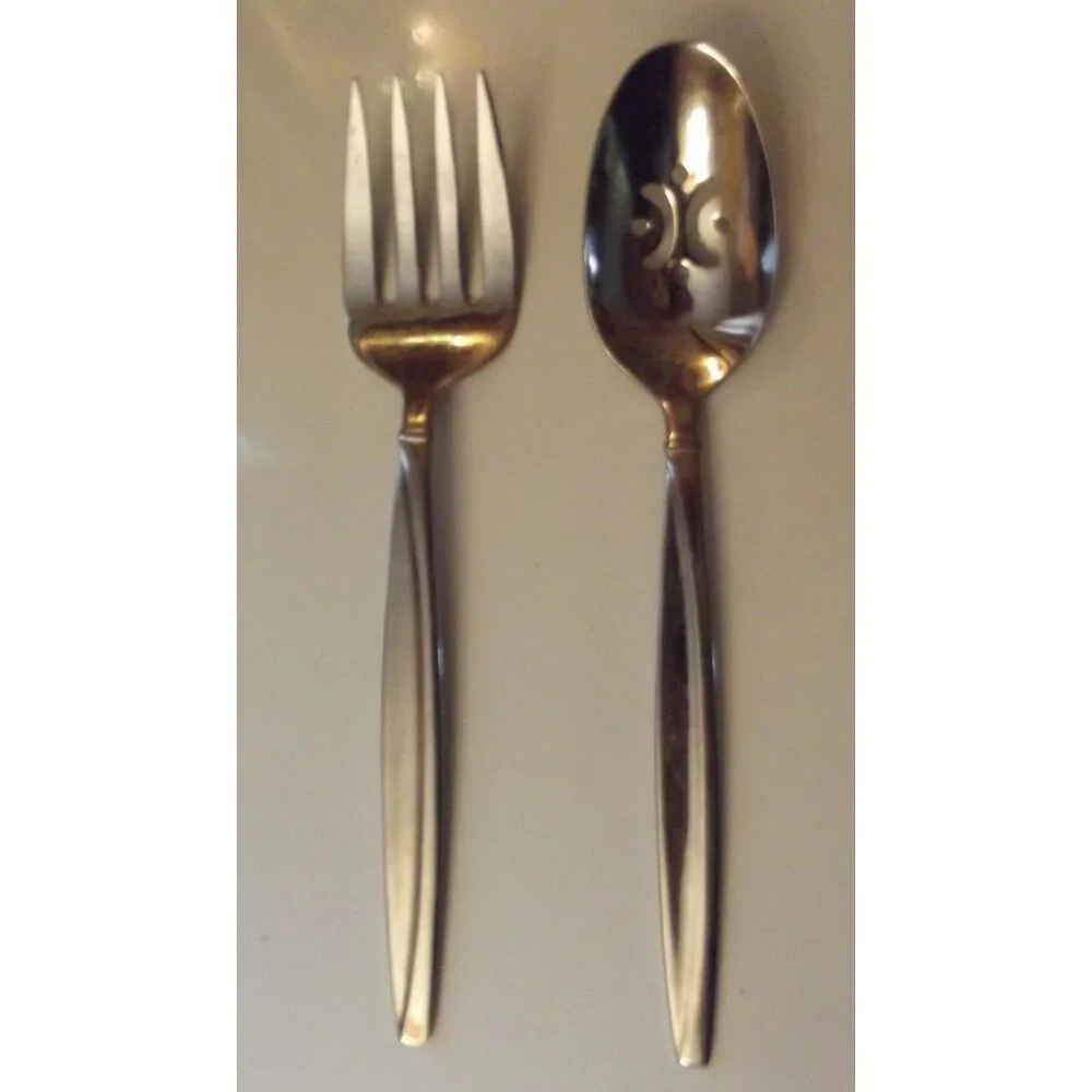 Oneida SWEEP Stainless 18/10 Pierced Serving Spoon&Fork slotted curved Indonesia